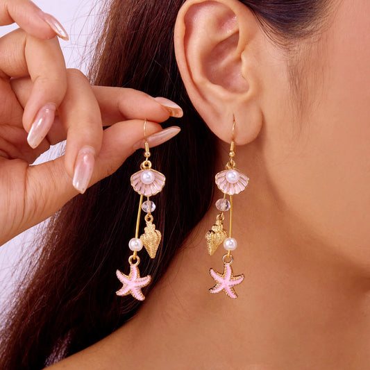 Fashion Ocean Style Shell Starfish Drop Earrings For Women Boho Retro Enamel Seashell Conch Dangle Earrings Beach Party Jewelry