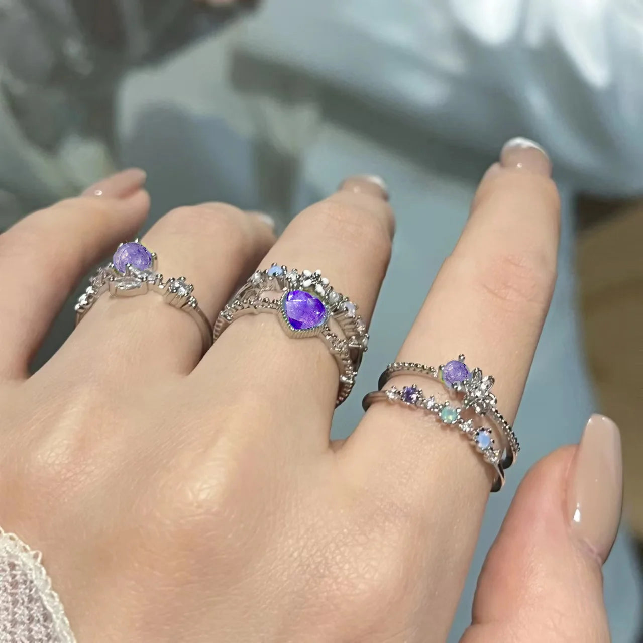 New Y2K Crystal Rings Kpop Heart Adjustable Ring Irregular Geometry Punk Vintage Rings Set for Women Girls 2024 Fashion Jewelry