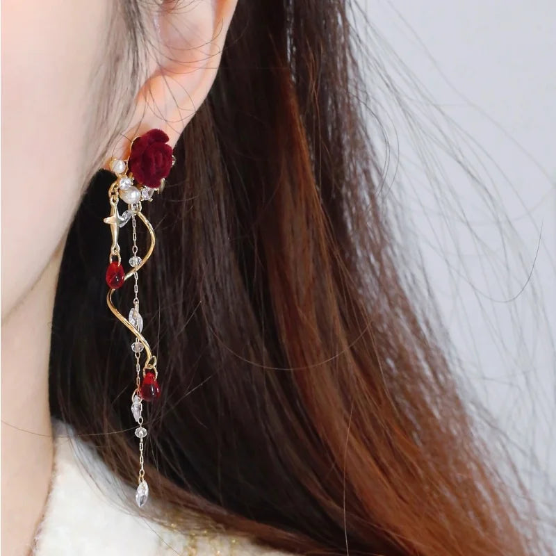 Luxury Crystal Velvet Rose Flower Tassel Earrings for Women Temperament Long Hanging Earring Girls Bridal Party Wedding Jewelry
