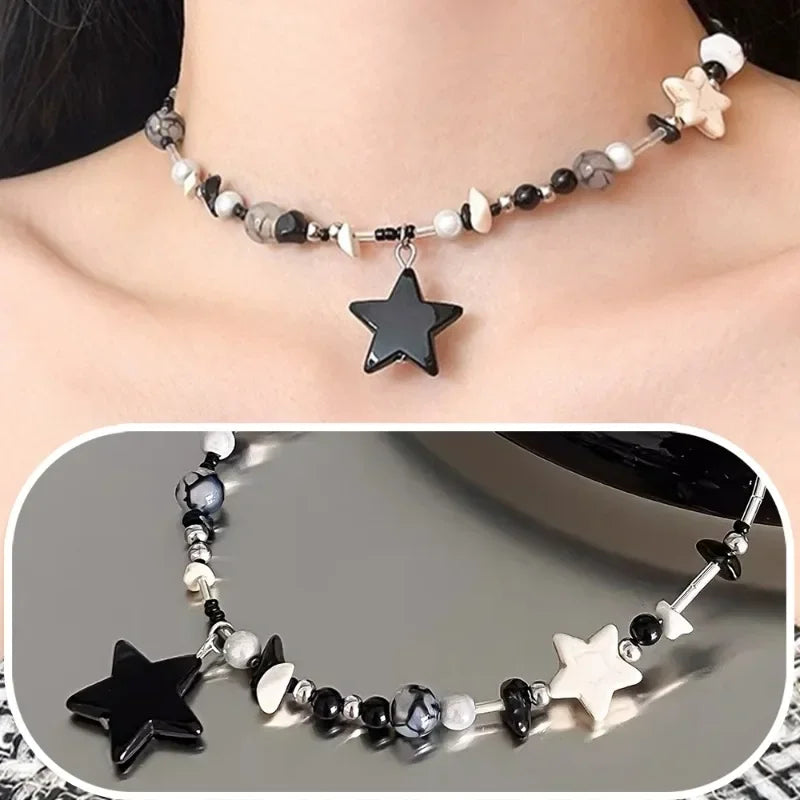 Y2K Black Star Pendant Necklace Women Sweet Cool Neck Jewelry Girls Personalized Lightweight Resin Pentagram Bead Necklace Gift