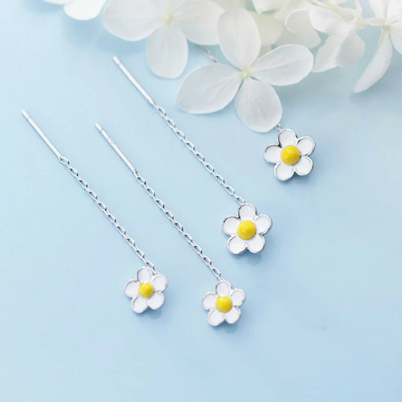 Silver Color Trend Daisy Flower Long Wire Tassel Thread Hanging Earrings For Women Crystal Zircon Piercing Earring Girl Jewelry