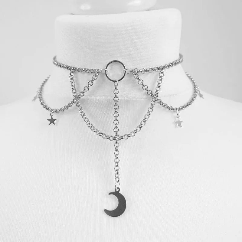 Black Necklace, Neck Chain, Lace, Collarbone, Moon, Gothic Exaggerated and Cute Pendant, Fashionable Cross-border Independent St