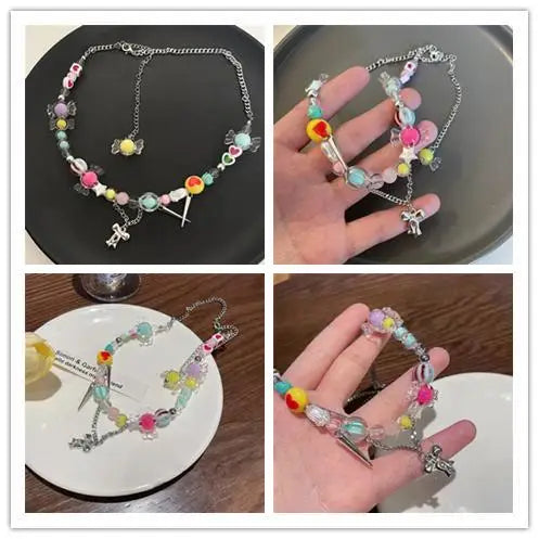 Y2k Rainbow Candy Beaded Choker Necklace Women Boho Beads Cherry Pendant Necklaces Vintage Irregular Girl Necklace Jewelry Gifts