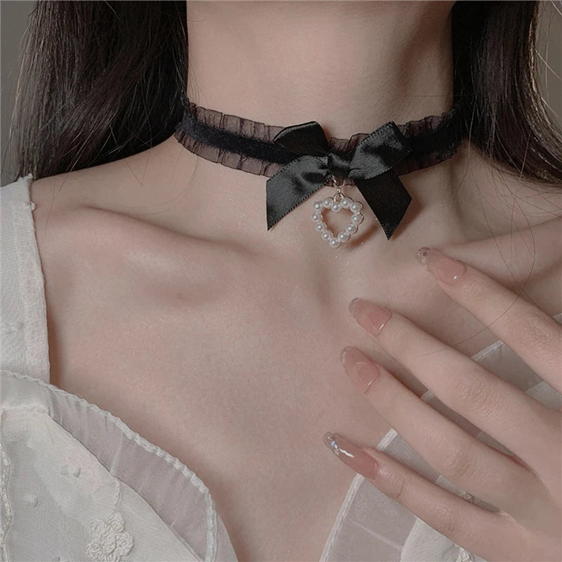 Fashion Choker Necklace For Women Sexy Black White Lace Stretch Strip Pendant Short Clavicle Gothic Necklace Aesthetic Jewelry
