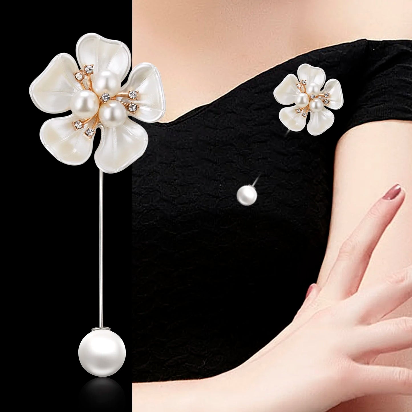 Rinhoo Imitation Pearl Shell Camellia Flower Brooch For Women White Floral Petal Bouquet Long Needle Shirt Collar Lapel Pin Gift