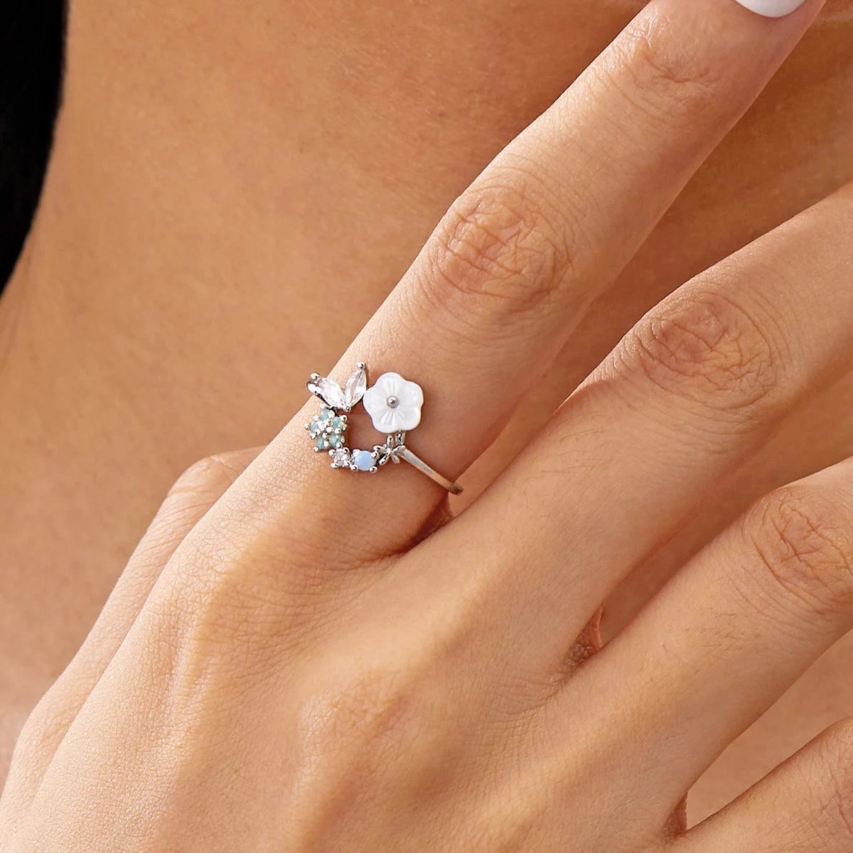 Korean CZ Sweet Crystal Zircon Heart Ring For Women Exquisite Shell Flower Opening Finger Rings Girls Princess Wedding Jewelry