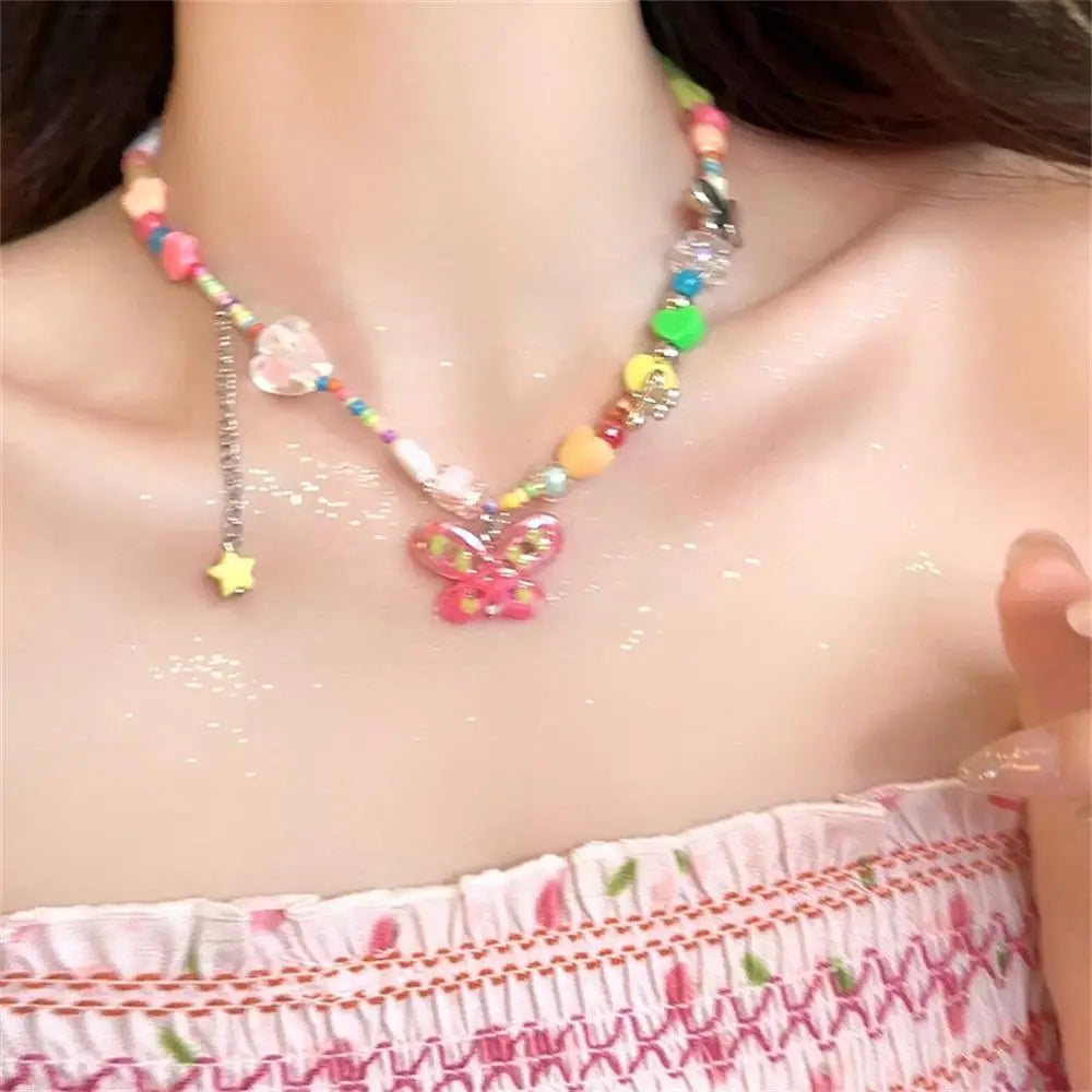 Y2k Rainbow Candy Beaded Choker Necklace Women Boho Beads Cherry Pendant Necklaces Vintage Irregular Girl Necklace Jewelry Gifts