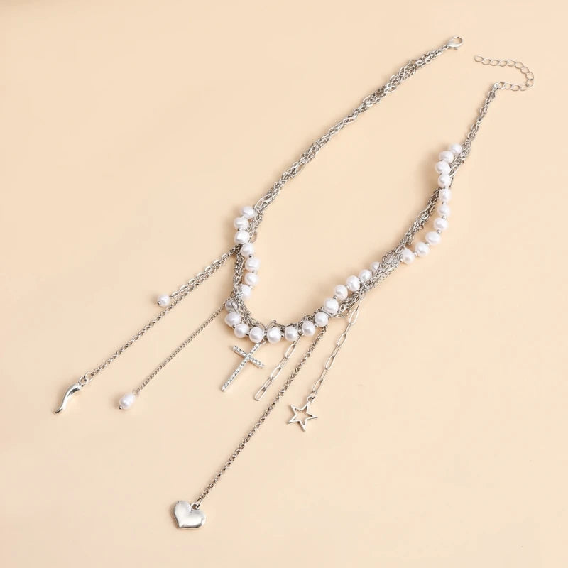 Layered Beaded Necklace with Distinctive Charm Chain Choker Necklaces Fashion Jewelry Gift for Women Girls F3MD