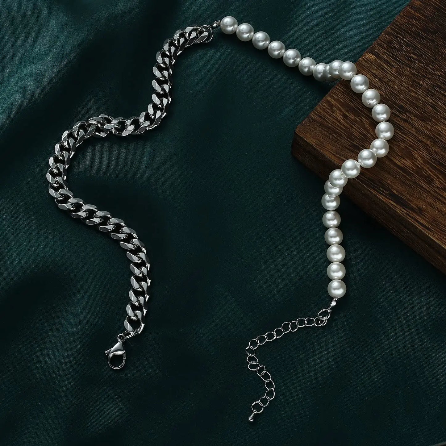 Pearl Necklace for Men-Half Pearl Half Chain Necklaces Cuban Link Chains for Men Stainless Steel Jewelry