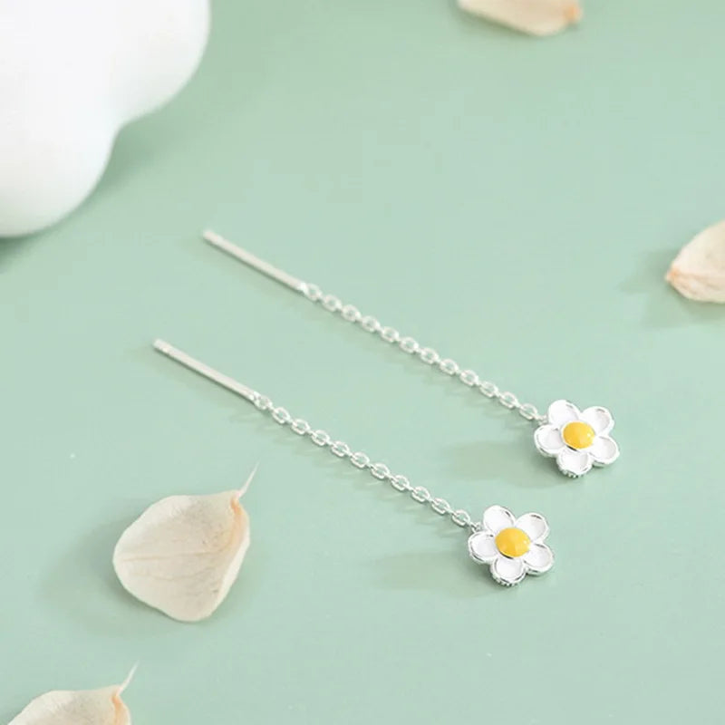 Silver Color Trend Daisy Flower Long Wire Tassel Thread Hanging Earrings For Women Crystal Zircon Piercing Earring Girl Jewelry