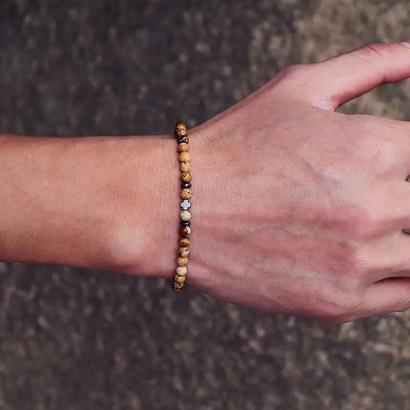 4mm Natural Stone Bracelet Men Hematite Cross Braclet Rice Bead Braslet Homme Boyfriend Gift Bracciale Uomo Joias Yoga Jewelry