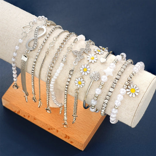 12Pcs Vintage Boho Daisy Infinity Symbol Bracelets for Women Fashion Silver White Color Butterfly Heart Crystal Star Bangle Sets