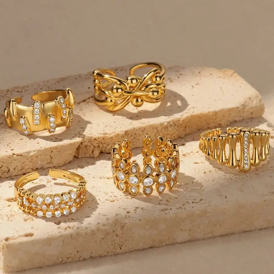 Zircon Cristal Geometric Rings For Women Stainless Steel Gold Color Adjustable Finger Ring Trendy Wedding Luxury Jewerly Gift