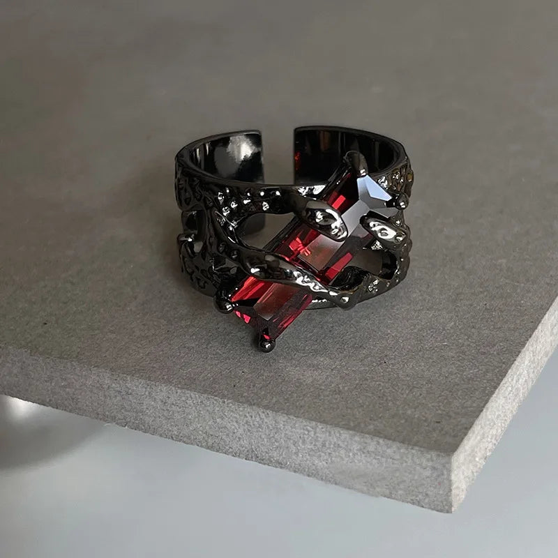 Dark Style European and American Red Jewelry Girls Light Luxury Niche Personality Retro Fashion Hollow Design Wedding Ring