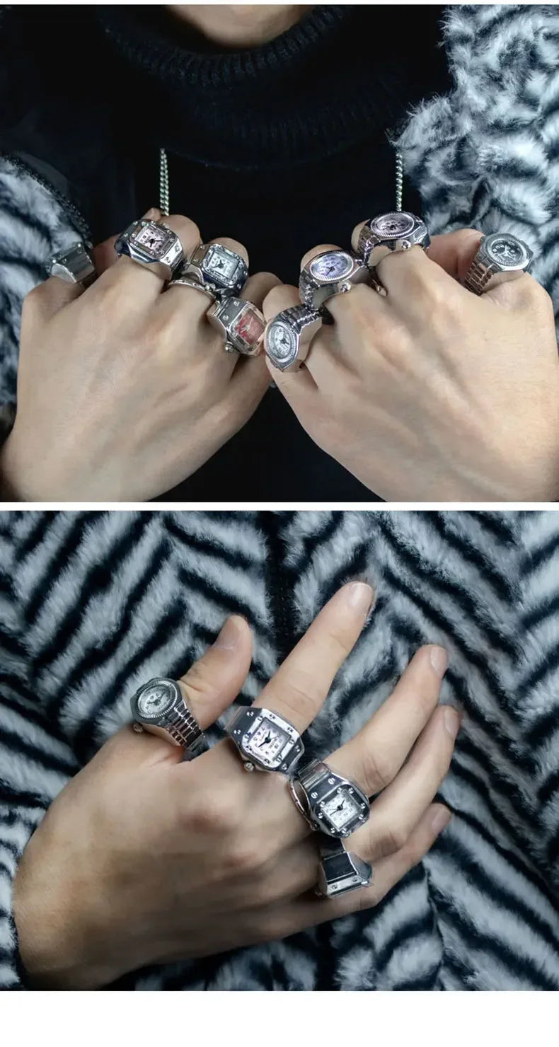 Y2K Punk Quartz Watch Rings for Couple Women Man Hip Hop Mini Elastic Stretchy Watch Finger Ring Retro Fashion Jewelry Gift