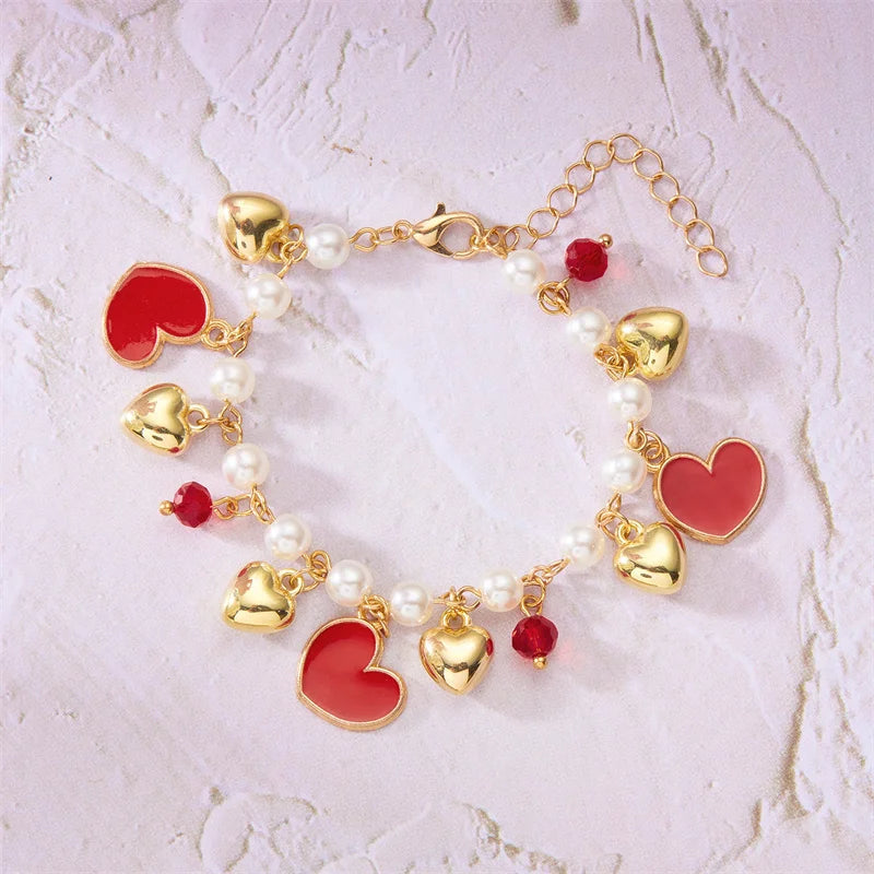Sweet Cute Red Strawberry Cherry Heart Pearl Charm Bracelet New Fashion Y2K Fruit Gold Color Chain Jewelry Party Gifts 2025