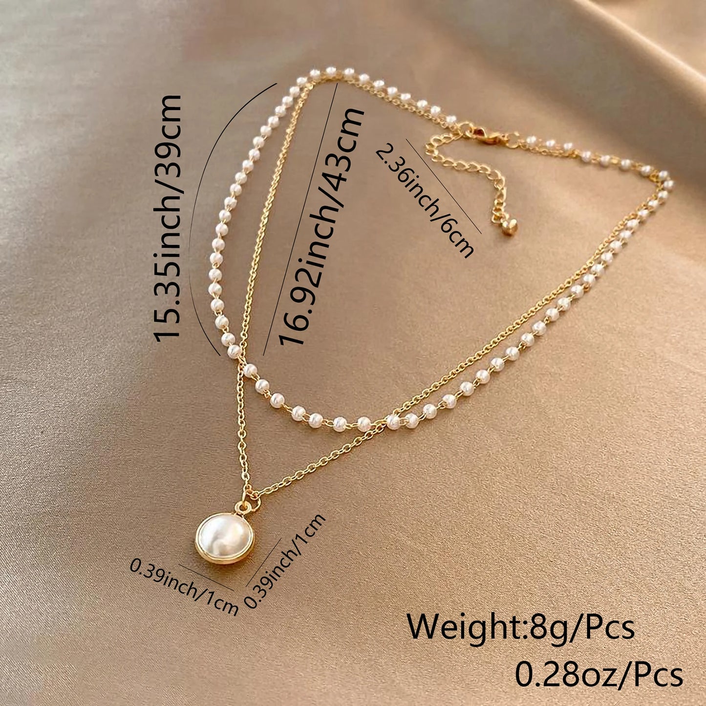 1 set of white large pearl multi-layer retro style women's titanium steel plated 18k gold necklace
