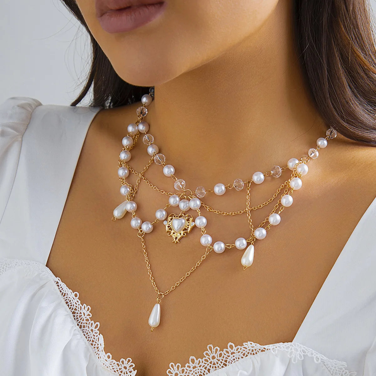 Women's New Necklace Lolita White Lace Necklace, Pearl Tassel Rhinestone Necklace Collar Sweet Cool Fashion Necklaces Girls Gift