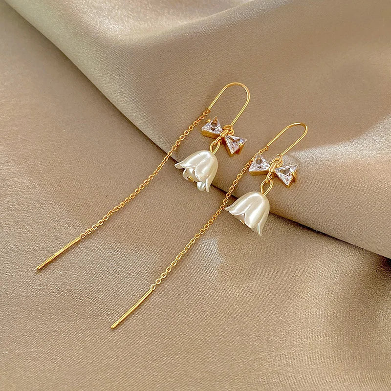 Silver Color Trend Daisy Flower Long Wire Tassel Thread Hanging Earrings For Women Crystal Zircon Piercing Earring Girl Jewelry