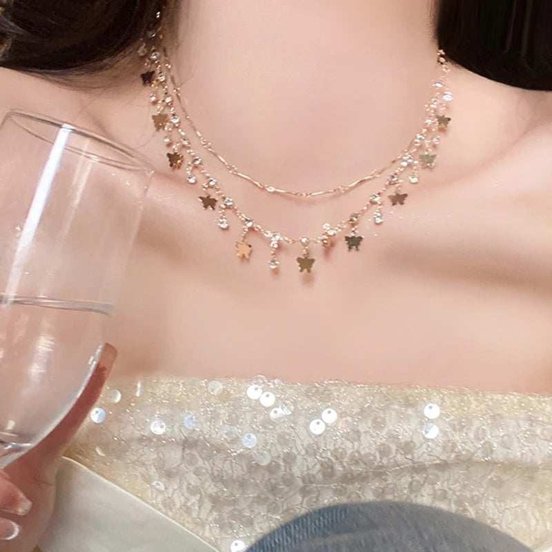 Boho Crystal Shell Pendant Necklace for Women Luxury Exquisite Double-Layer Butterfly Chain Jewelry Accessory Beach Party Gifts