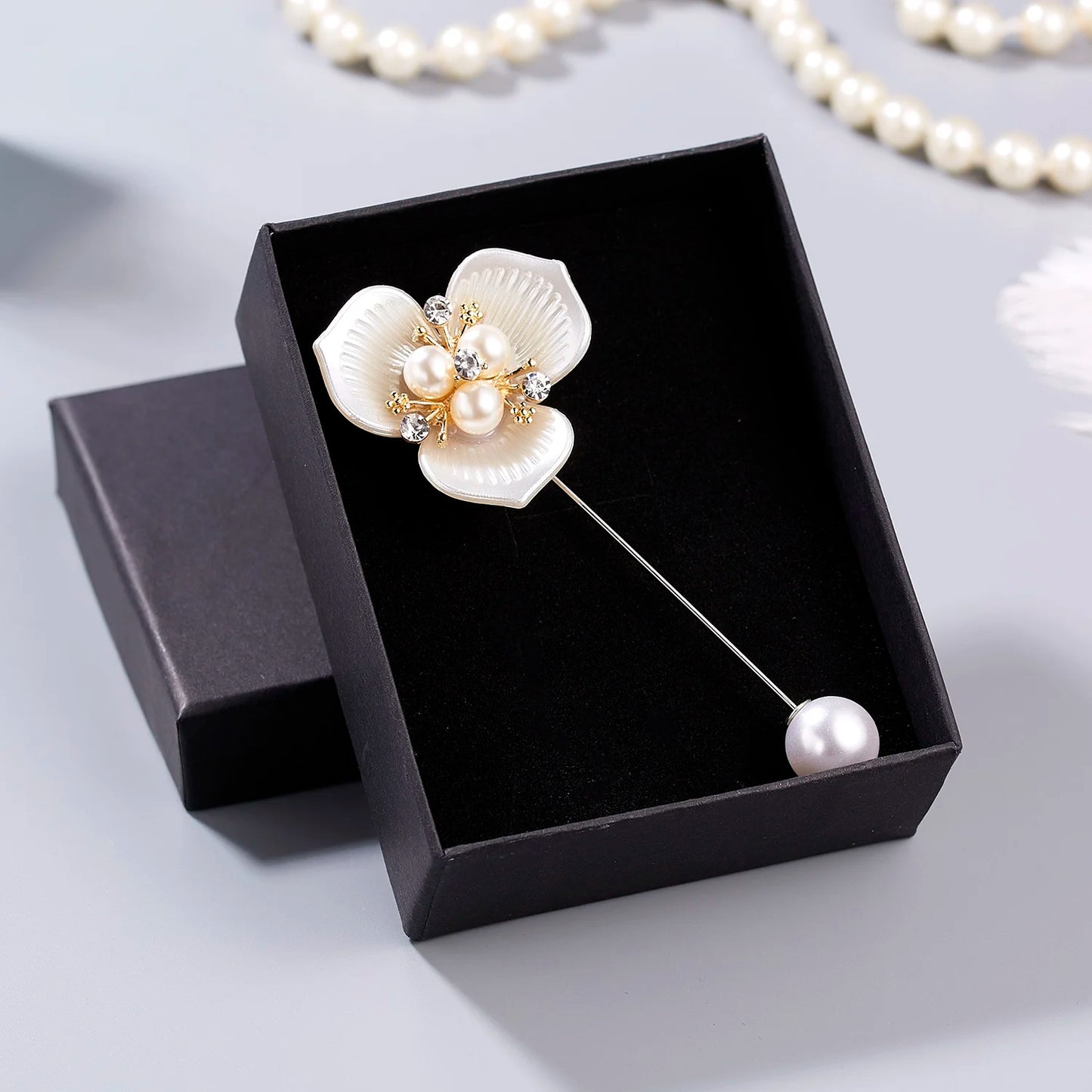 Rinhoo Imitation Pearl Shell Camellia Flower Brooch For Women White Floral Petal Bouquet Long Needle Shirt Collar Lapel Pin Gift