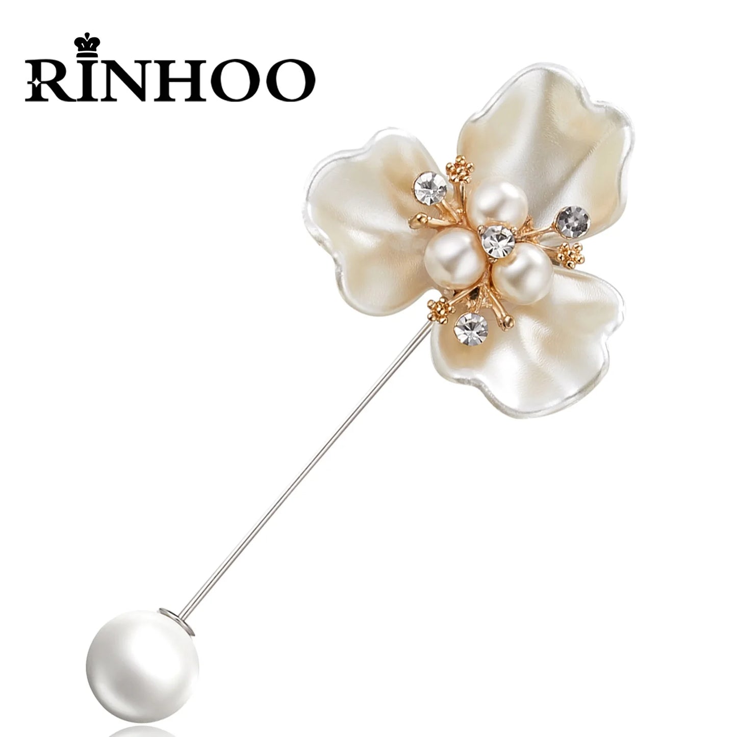 Rinhoo Imitation Pearl Shell Camellia Flower Brooch For Women White Floral Petal Bouquet Long Needle Shirt Collar Lapel Pin Gift