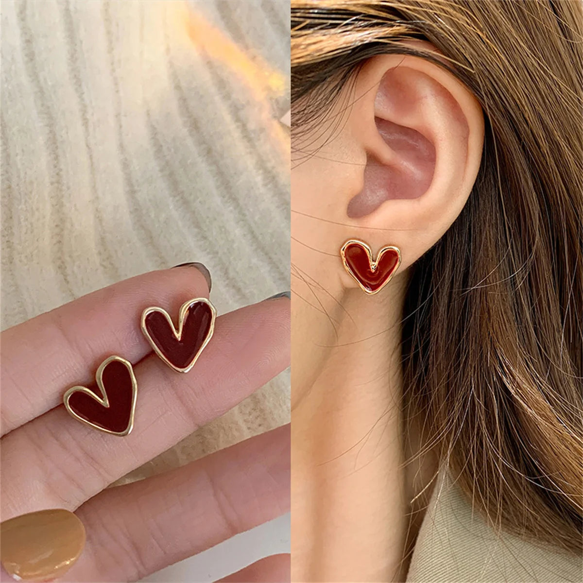 Vintage Trendy Red Enamel Geometric Round Heart Stud Earrings For Women Light Luxury Imitation Pearl Square Oval Earring Jewelry