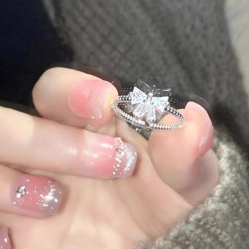 Y2K Sweet Bow Knot Zircon Ring Women Handmade Irregular Design Rings Girls Bow Openning Finger Ring Fashion Jewelry Friend Gifts