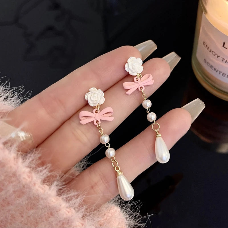 Delicate Sweet Flower Bow Pearl Drop Earrings for Women Elegant Bowknot Long Tassel Earrings Girls Party Wedding Jewelry Gift