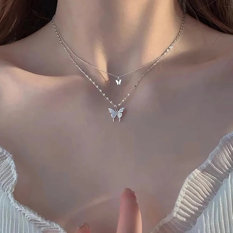 Fashion Shiny Butterfly Necklace Ladies Exquisite Double Layer Clavicle Chain Cool Neck Chain For Women Jewelry Gift