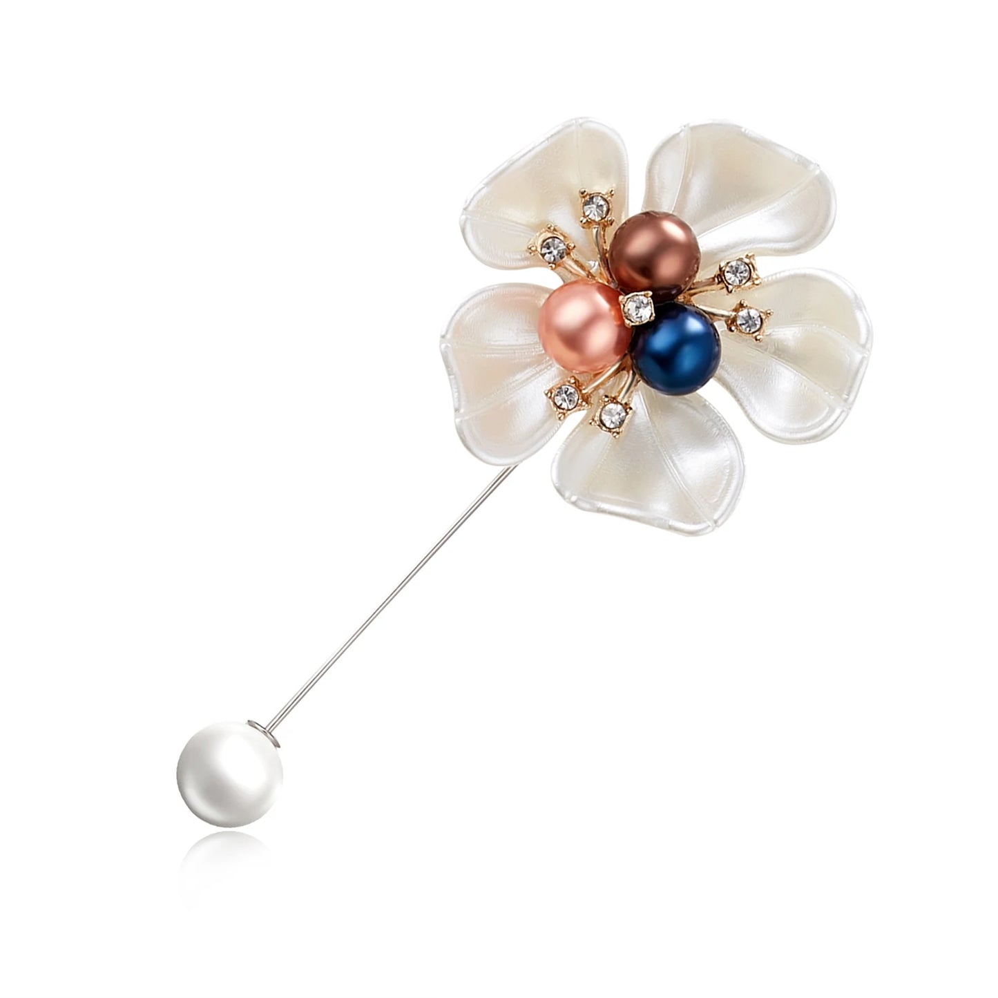 Rinhoo Imitation Pearl Shell Camellia Flower Brooch For Women White Floral Petal Bouquet Long Needle Shirt Collar Lapel Pin Gift