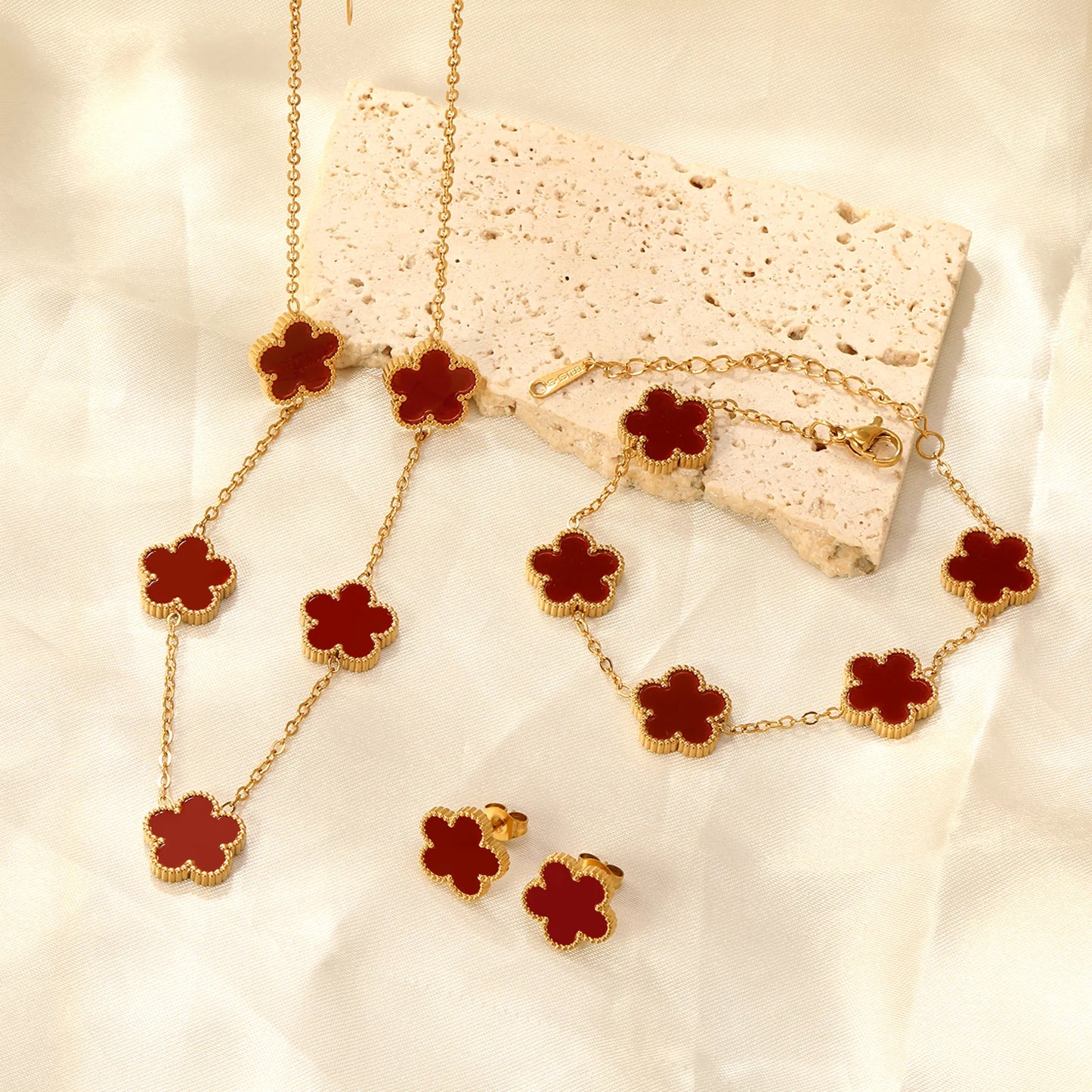 LUXUSTEEL Pendant Earnail Chain Bracelet Set Flower Shaped Stainless Steel Pendants Necklace Earring Sets Necklace Jewelry Gift