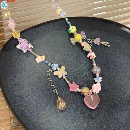 Y2K Candy Necklace Women Girls Sweet Cute Choker Colorful Hand-woven Beaded Short Clavicl Chain