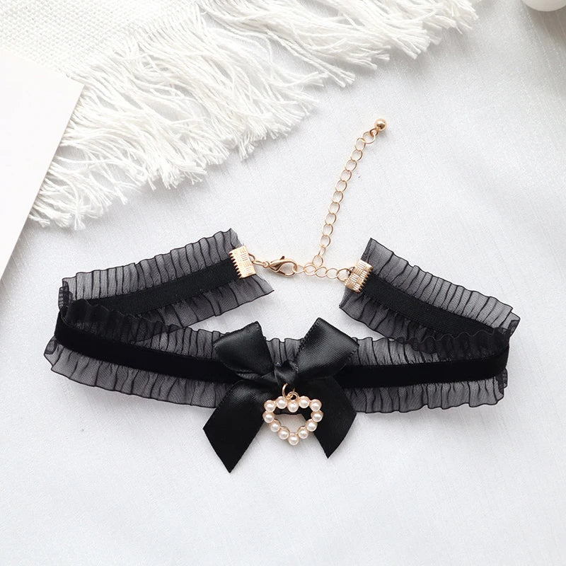 Fashion Choker Necklace For Women Sexy Black White Lace Stretch Strip Pendant Short Clavicle Gothic Necklace Aesthetic Jewelry
