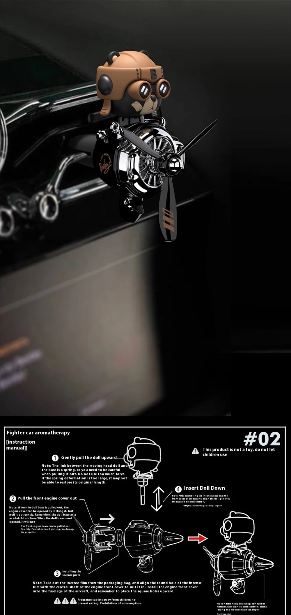 Car Aromatherapy Air Freshener Bear Pilot Rotating Propeller Aromatherapy Interior Perfume Diffuser Vent Fragrance Car Ornament