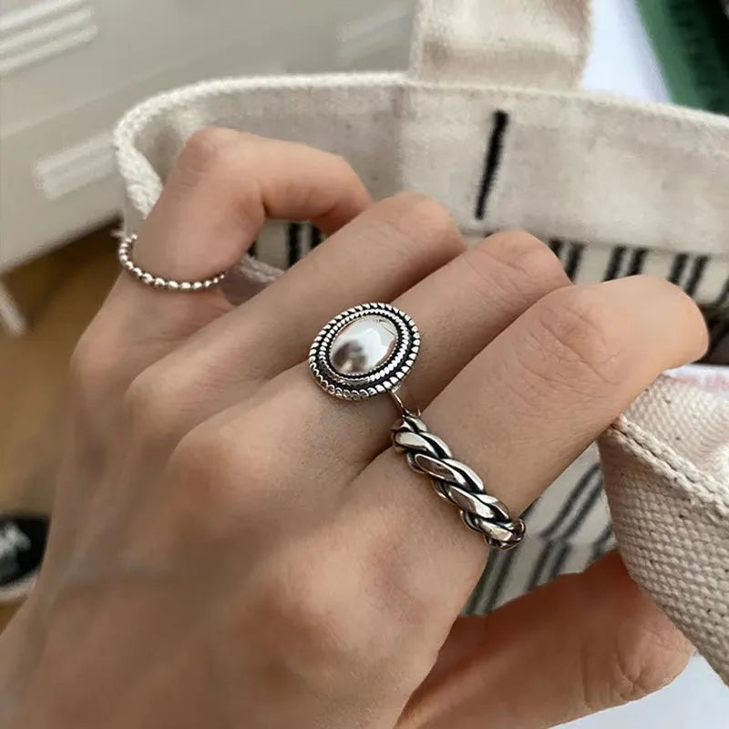 925 Sterling Silver Rings Couples Accessories INS Fashion Vintage Twist Design Round Shape Geometric Thai Silver Jewelry
