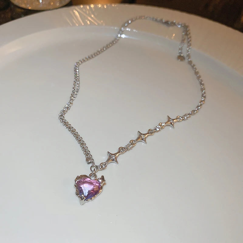 Y2k Heart Star Pendant Necklace Women's Fashion Cool Silver Color Chain Necklace Rhinestone Clavicle Chain Daily Jewlery Gifts
