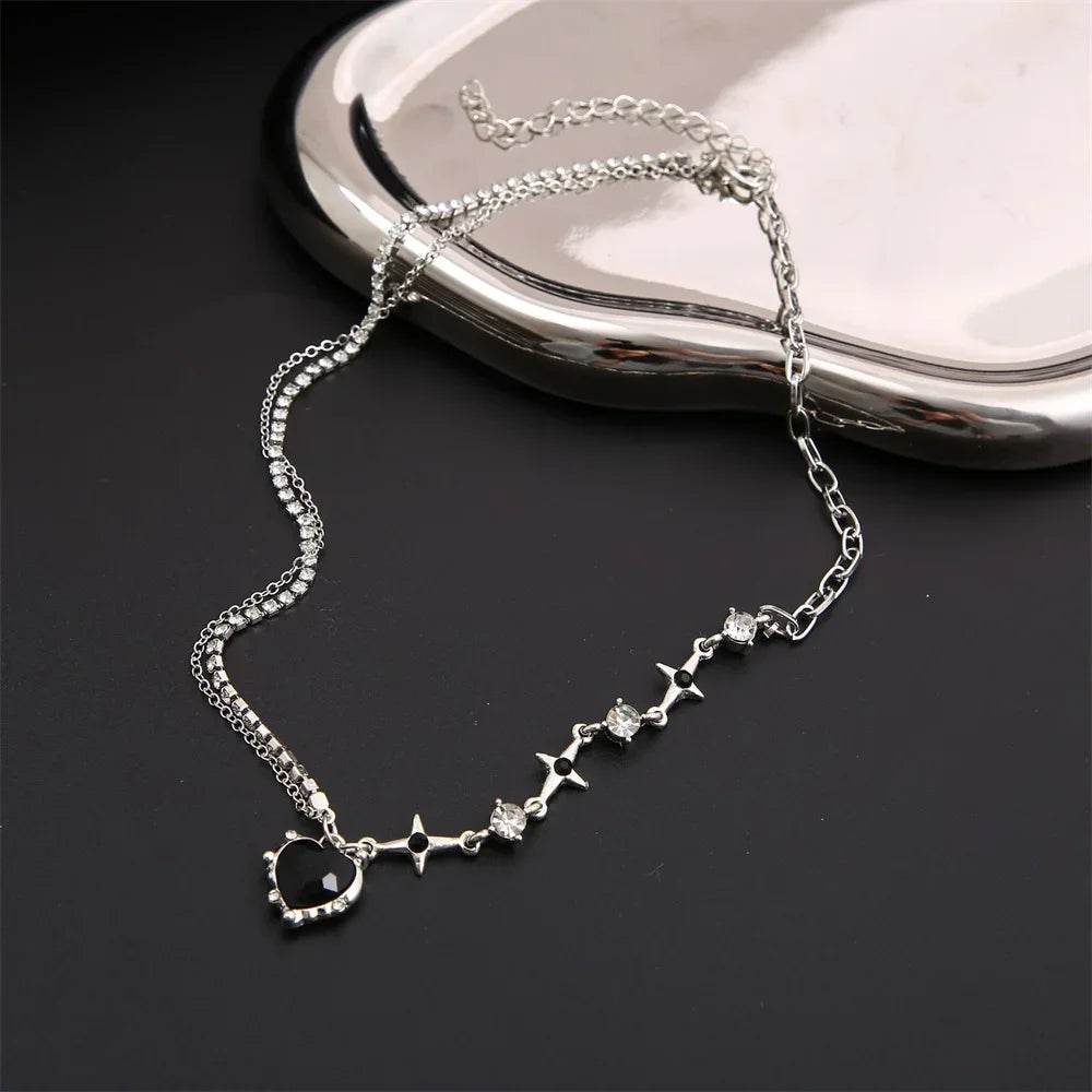Y2k Heart Star Pendant Necklace Women's Fashion Cool Silver Color Chain Necklace Rhinestone Clavicle Chain Daily Jewlery Gifts