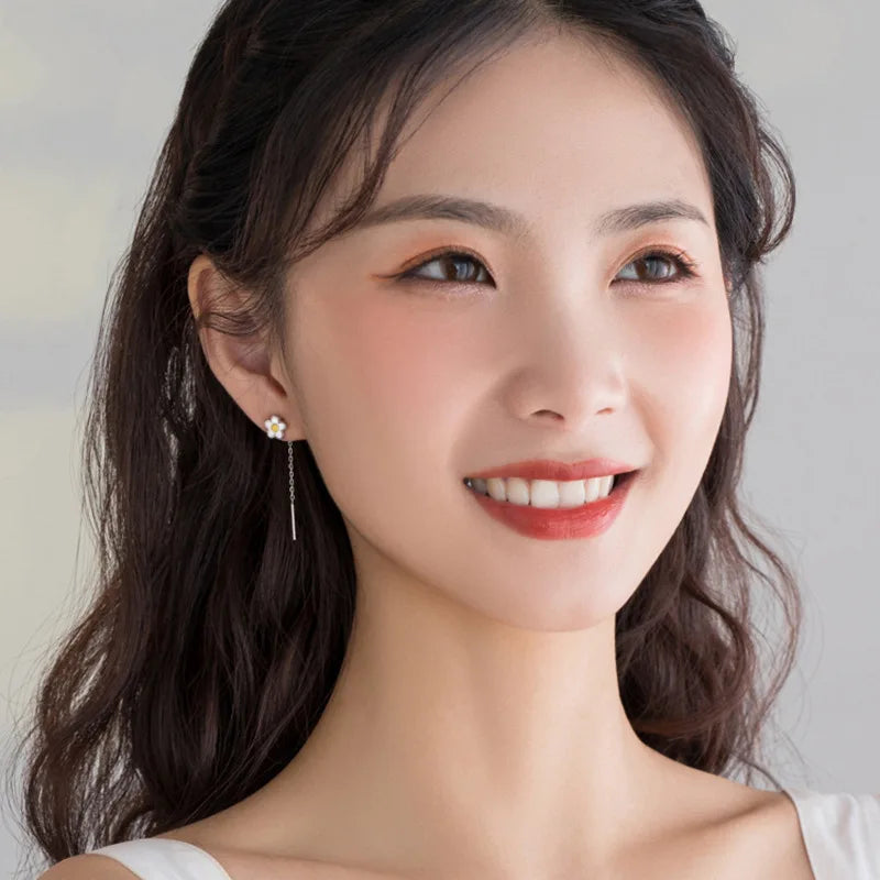 Silver Color Trend Daisy Flower Long Wire Tassel Thread Hanging Earrings For Women Crystal Zircon Piercing Earring Girl Jewelry