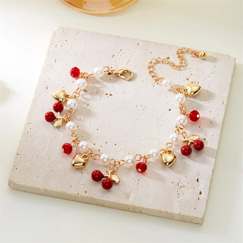 Sweet Cute Red Strawberry Cherry Heart Pearl Charm Bracelet New Fashion Y2K Fruit Gold Color Chain Jewelry Party Gifts 2025