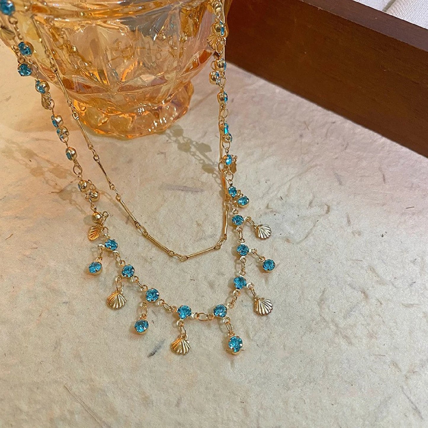 Elegant Gold Color Chain Shell Blue Tear Jewelry Set Crystal Choker Necklace Bracelet For Women Wedding Jewelry Birthday Gift