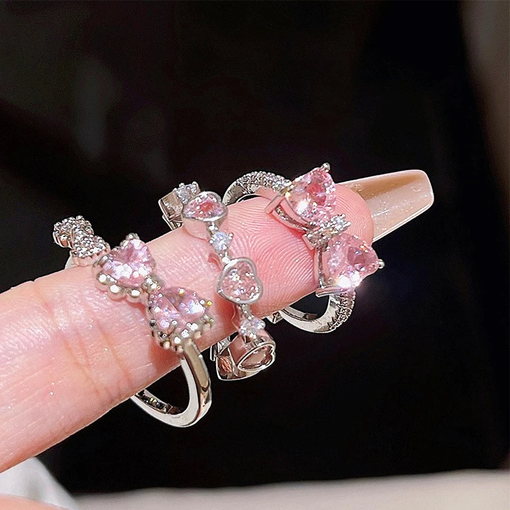 New Y2K Pink Crystal Irregular Heart Rings for Women Fashion Zircon Opening Finger Ring Sweet Girls Kpop Party Jewelry Gifts