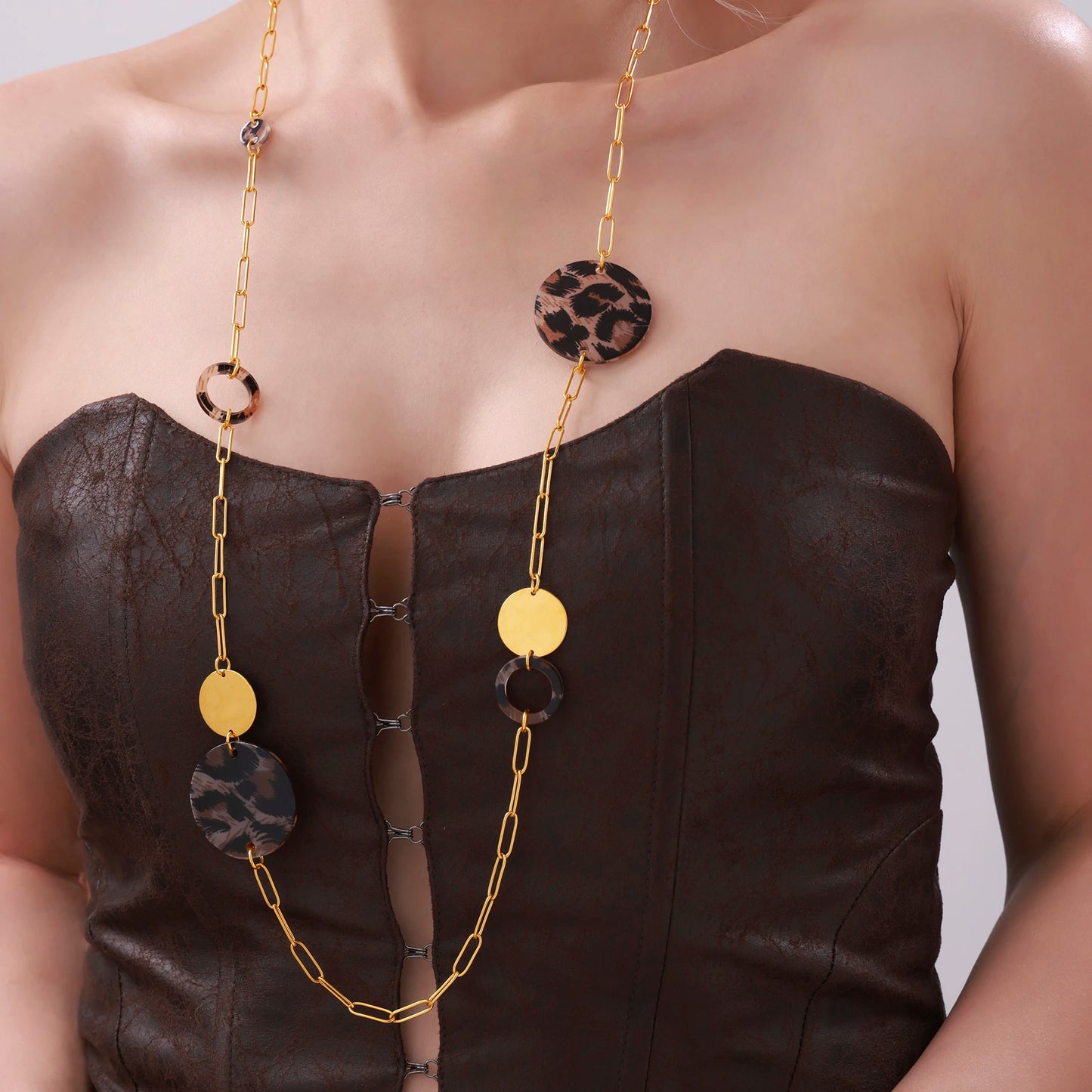 Necklace for Women Leopard Print Stainless Steel Acrylic Pendant Long Chain Sweater Link Gorgeous Charm Jewelry Gift