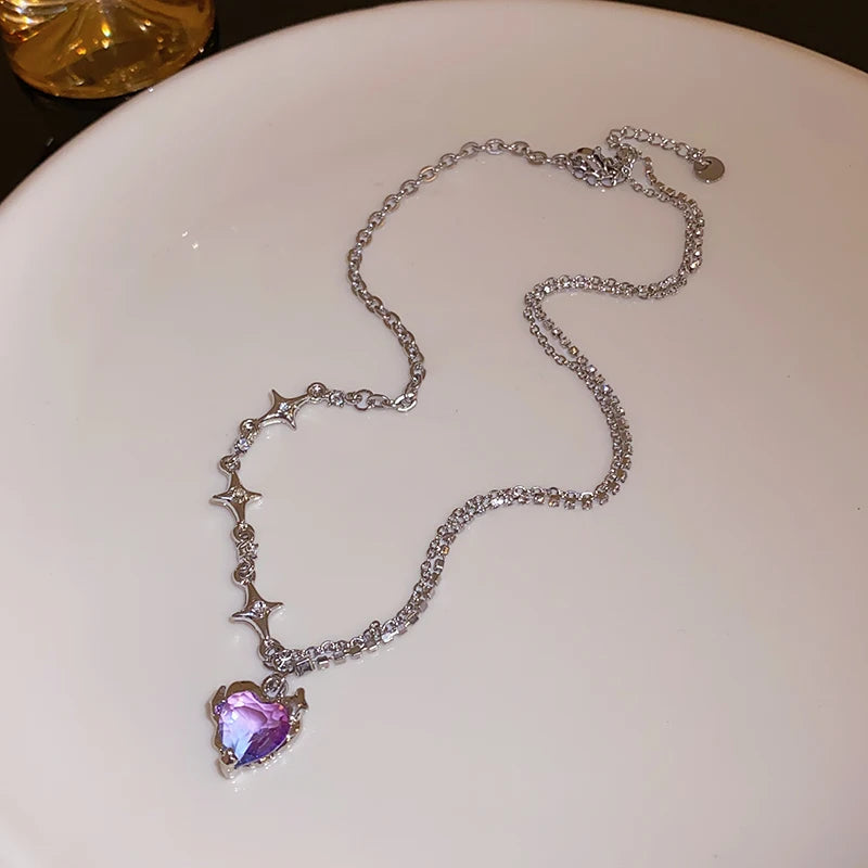 Y2k Heart Star Pendant Necklace Women's Fashion Cool Silver Color Chain Necklace Rhinestone Clavicle Chain Daily Jewlery Gifts