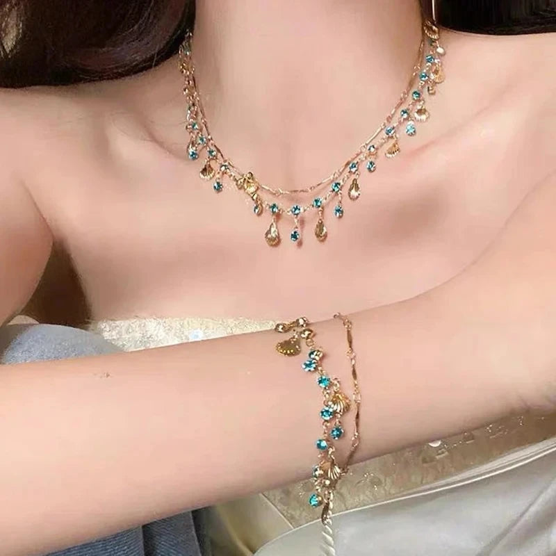 Boho Crystal Shell Pendant Necklace for Women Luxury Exquisite Double-Layer Butterfly Chain Jewelry Accessory Beach Party Gifts