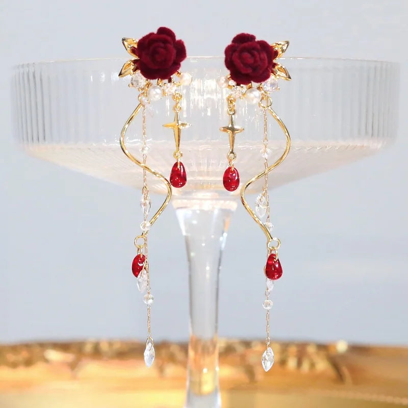 Luxury Crystal Velvet Rose Flower Tassel Earrings for Women Temperament Long Hanging Earring Girls Bridal Party Wedding Jewelry
