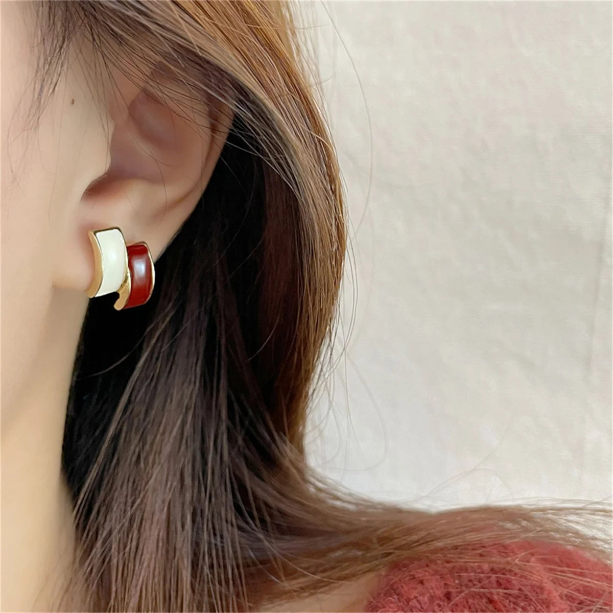 Vintage Trendy Red Enamel Geometric Round Heart Stud Earrings For Women Light Luxury Imitation Pearl Square Oval Earring Jewelry