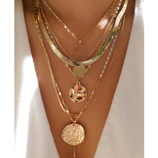 Vintage Gold Color Multiple Styles Necklace For Women Trendy Multi-Layer Disc Pendant  Necklaces New Tendyaces Set Jewelry Gifts