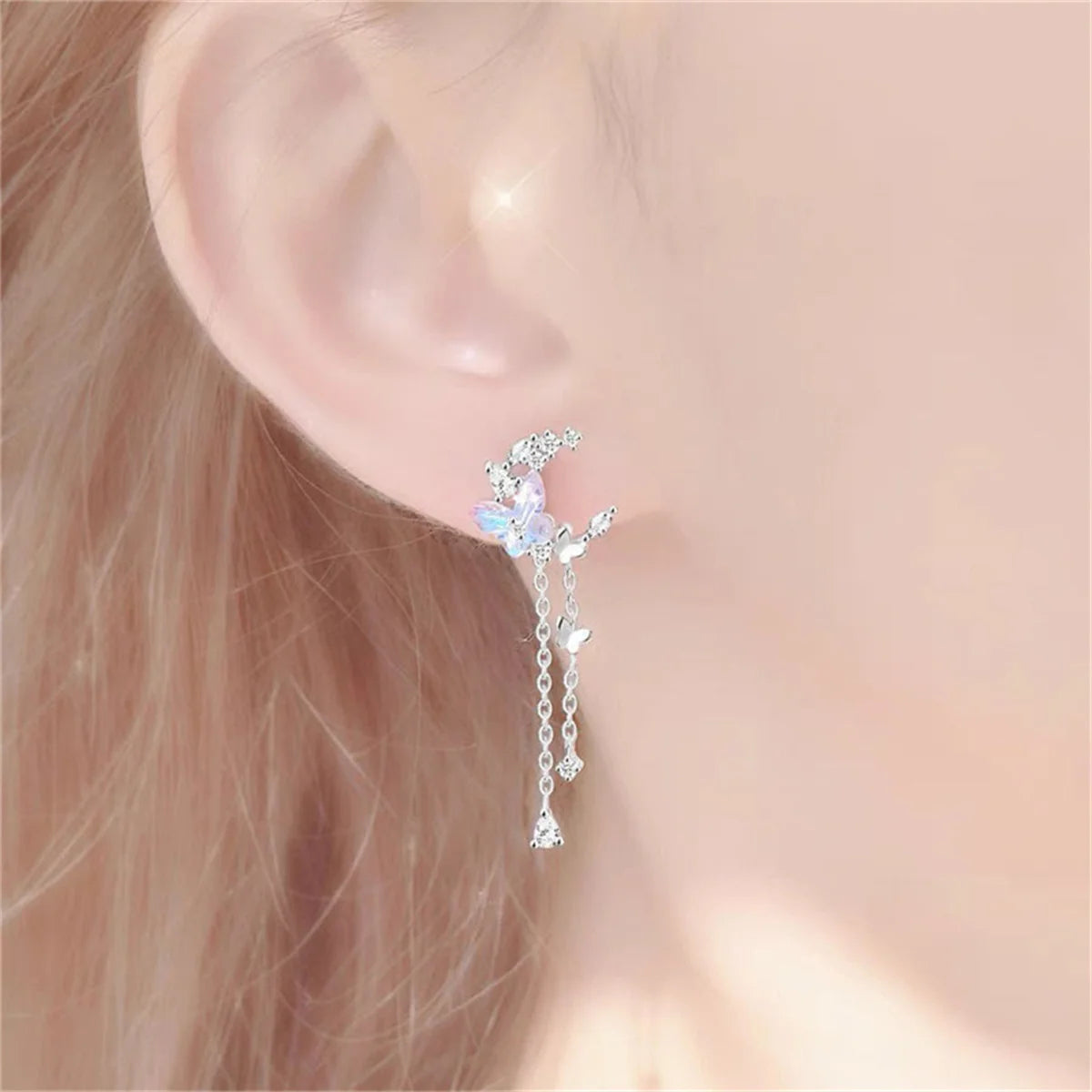 Korean Exquisite Planet Moon Butterfly Tassel Earrings for Women Sparkling Crystal Asymmetrical Drop Earrings Girl Party Jewelry