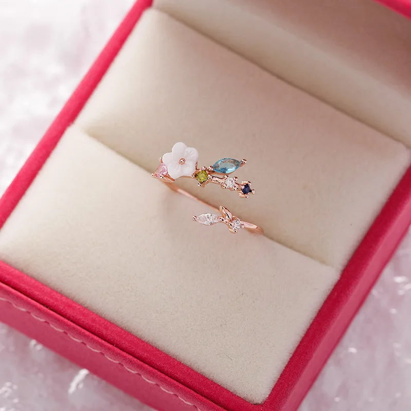 Korean CZ Sweet Crystal Zircon Heart Ring For Women Exquisite Shell Flower Opening Finger Rings Girls Princess Wedding Jewelry